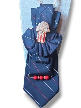 Unique Lanvin Navy Silk Tie with Red Diagonal Stripes Popcorn Brooch